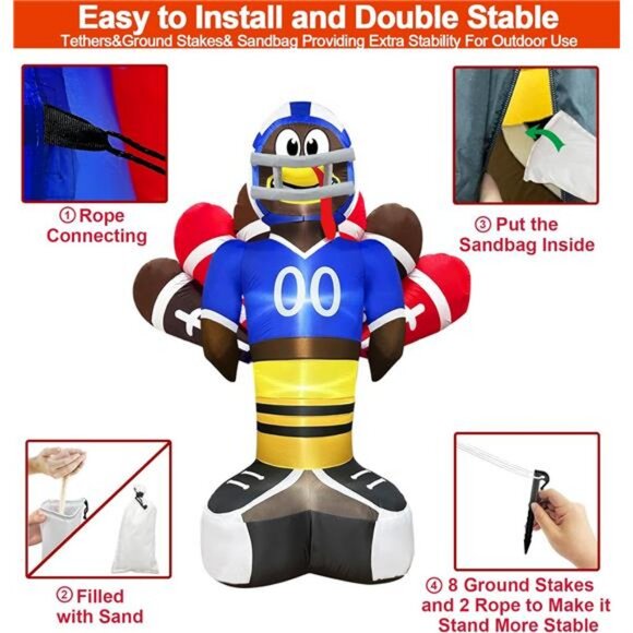 8 Ft Giant Football Turkey Inflatables Thanksgiving Decor with Built-in LED - Picture 4 of 8